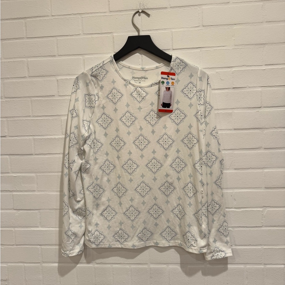NWT Hang Ten White and Gray Geometric Long Sleeve Rash Guard